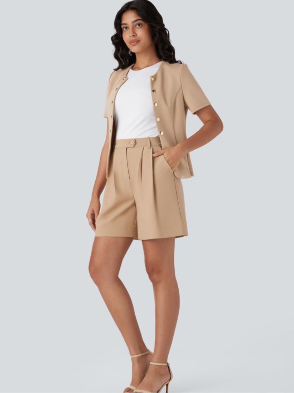 NWOT Halara Khaki High-Waisted Zipper Pocket Work Linen-Feel Shorts
